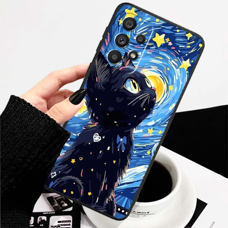 Милая мультяшная кошка Иллюстрация Чехол для телефона Для Samsung A73 A72 A71 A55 A54 A53 A52 A51 A13 A22 A16 A15 A12 A14 A26 A07 5G Черный