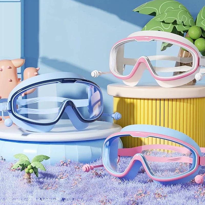 Children's Swimming Goggles with Large Frame Waterproof and Anti Fog High-definition Protective Glasses Including Earplugs