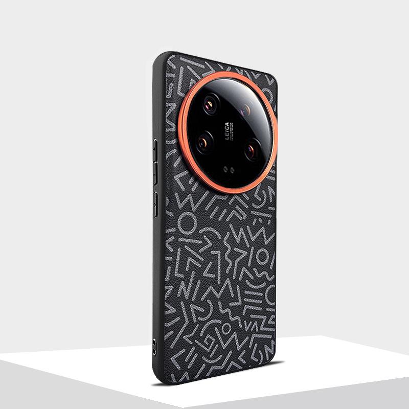 Painted Geometric Graffiti Plain Leather Case for Xiaomi 13 Ultra Mi 14 Ultra Mi14 Pro Metal Lens Hole Independent Button Cover