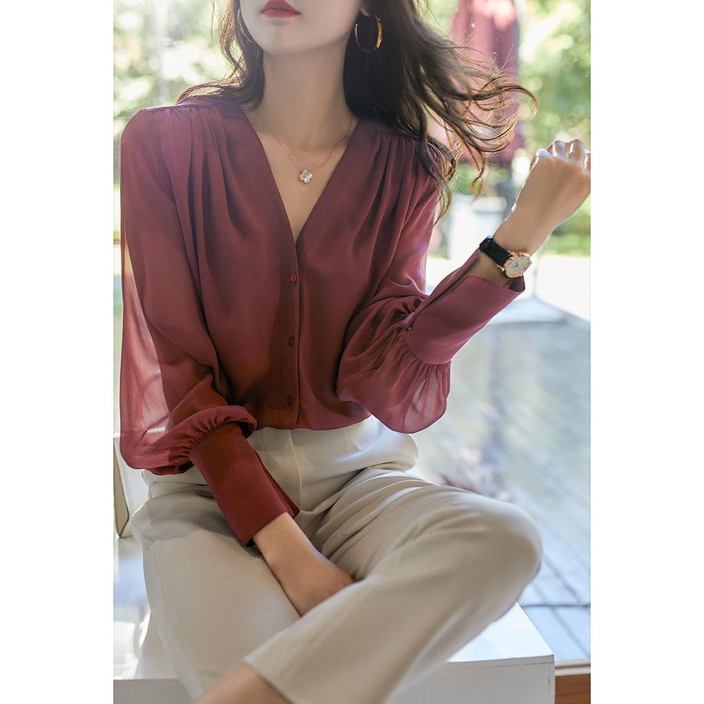 Long Sleeve Shirt for Women Spring and Autumn V-neck Design Top Temperament Loose Chiffon Shirt for Women