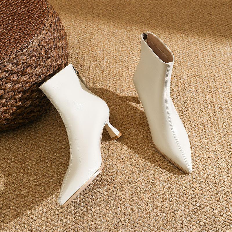 Женские осенне-зимние туфли на высоком каблуке из мягкой кожи, остроносые тонкие ботильоны 2024, новые женские ботильоны на тонком каблуке, белые ботильоны на высоком каблуке для женщин