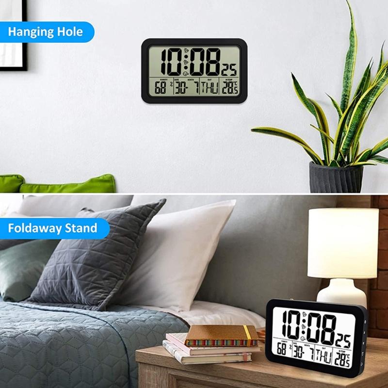 Alarm Clock Digital Wall Clocks with Date Week Indoor Temperature & Humidity Battery Operated Small Desk Clock