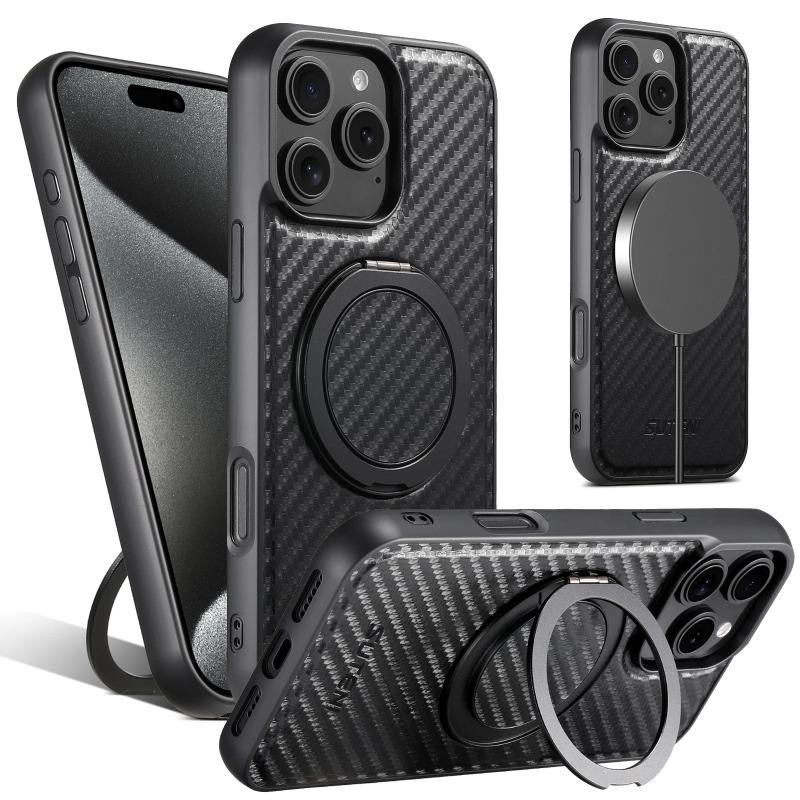 Вращающийся на 360° держатель Кожаный чехол из углеродного волокна Для iPhone 17 Air 17Pro Max 16 Plus 15 14 Pro Магнитная крышка для беспроводной зарядки