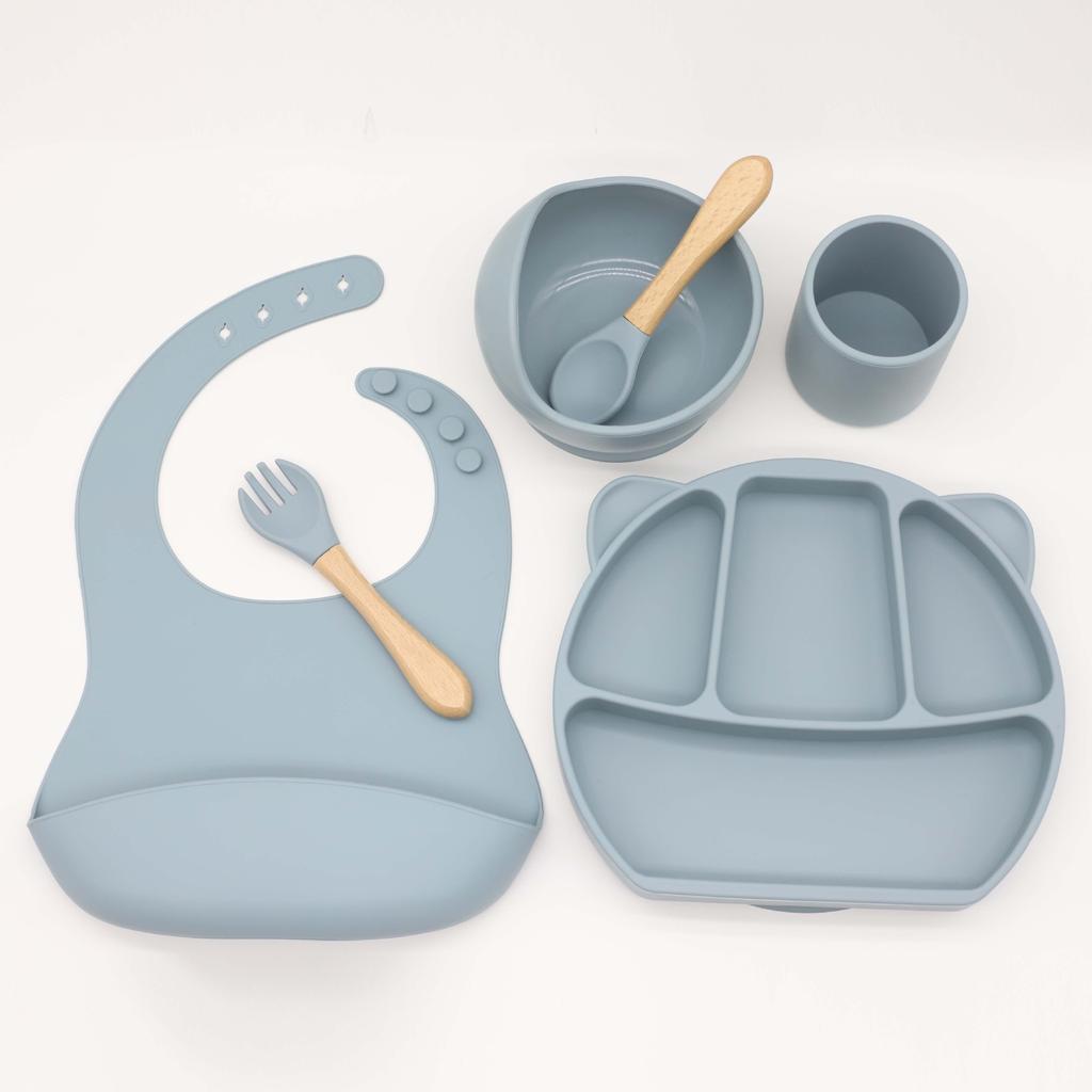 6PCS BPA Free Baby Silicone Tableware Bib Flexible Solid Color Sucker Bowl Spoon Fork for Children Learning Feeding Flatware