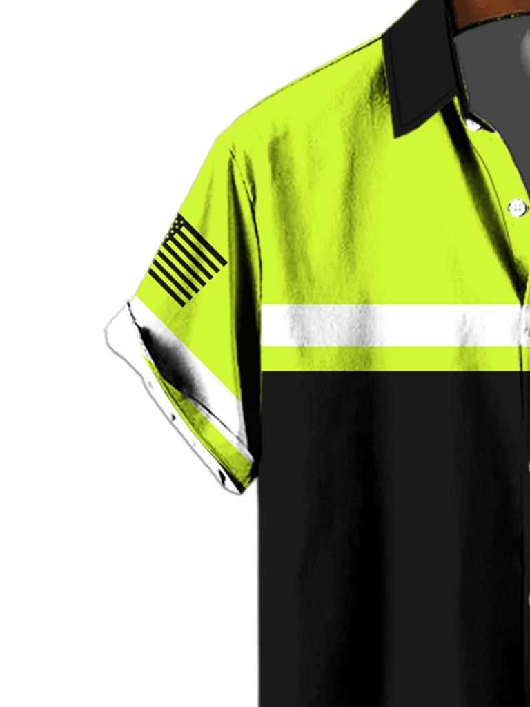 Men'S Stylish Color-Blocked Short-Sleeve Shirt Featuring Trendy Reflective Stripes, Perfect for a Casual Streetwear Look. Lightweight And Breathable