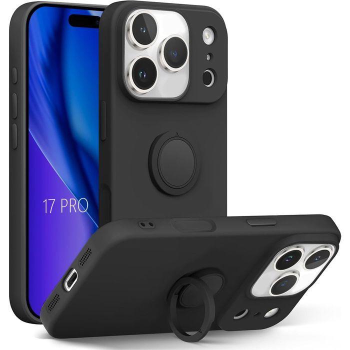 Coque Antichoc - BOOLING - pour iPhone 17 Pro - Silicone Liquide Coque avec Anneau Rotatif Noir