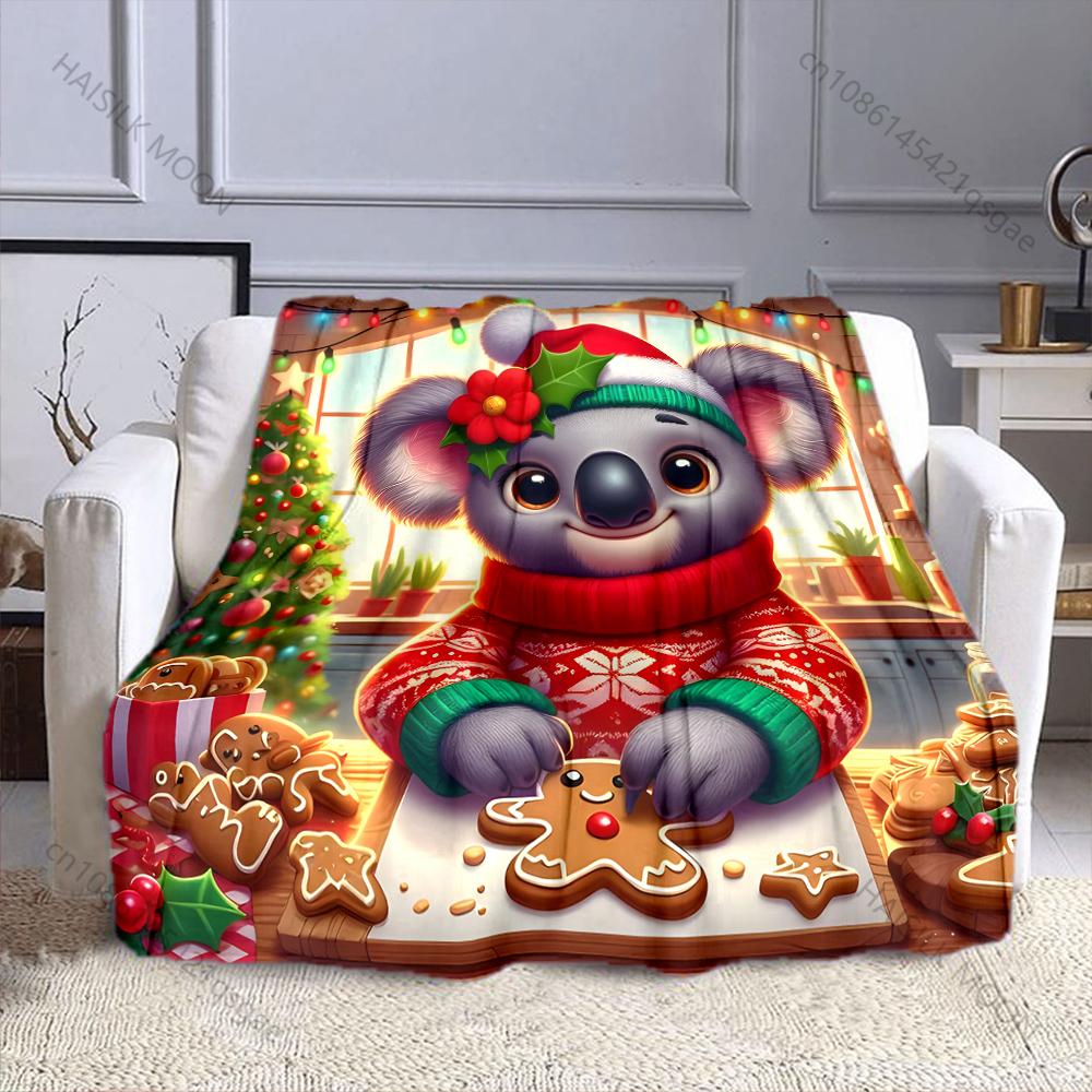 Festive Koala with Gingerbread Pattern Blanket Flannel Material Soft Warm for All Seasons, Home Outdoor Camping Picnics RV