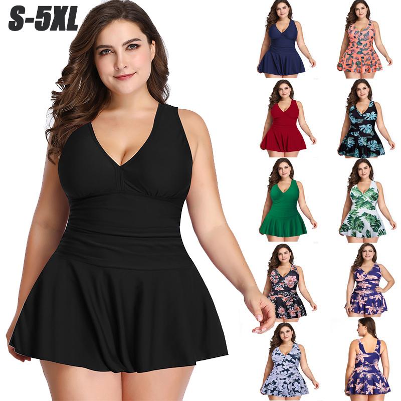 Plus Size Swimsuit Skirt Women Print Bikini One-Piece Swimwear Summer Beach Bathing Suit Conservative Swimdress Tankini
