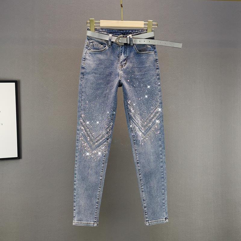 Women Rhinestone Skinny Jeans Autumn Casual High Waist Thin Nine Pants