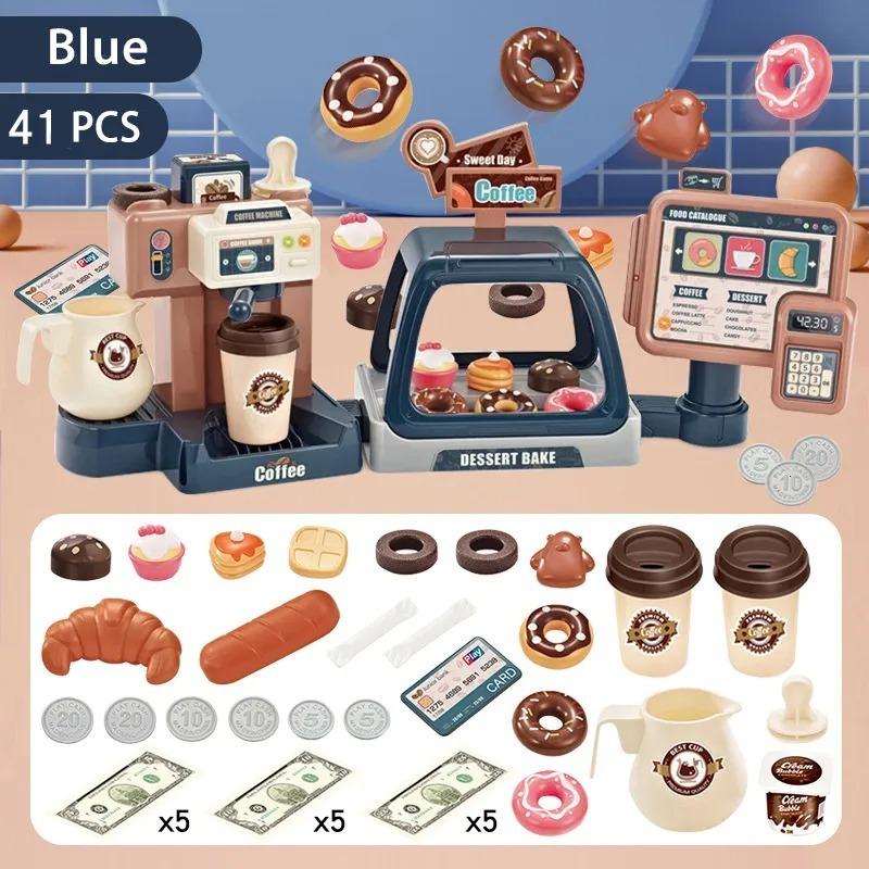 Cash Register Toy for Kids Pretend Play Store with Music Lights Ice Cream Dessert Playset Coffee Machine Kitchen Set for Toddler
