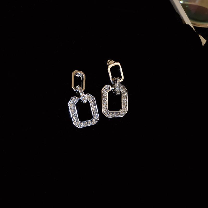 Diamond-Studded Geometric Silver Needle Earrings - Minimalist French Luxury for Women