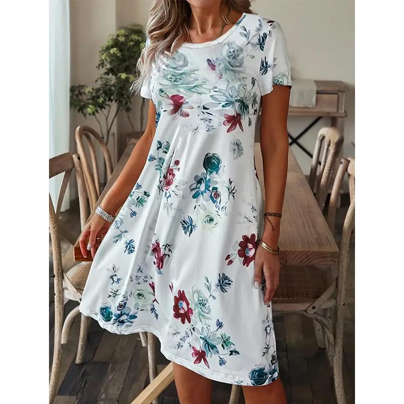 Summer Floral Printing Pocket Dress Summer Short Sleeve Slim Shirt Big Hem Short Skirt