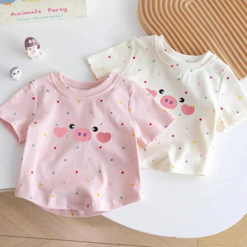 Girls Summer Cotton Short Sleeve T Shirt Cute Pig Confetti Print Kids Casual Top