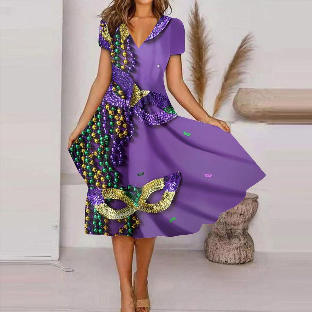 Женское летнее повседневное модное свободное платье с коротким рукавом и v-образным вырезом с принтом