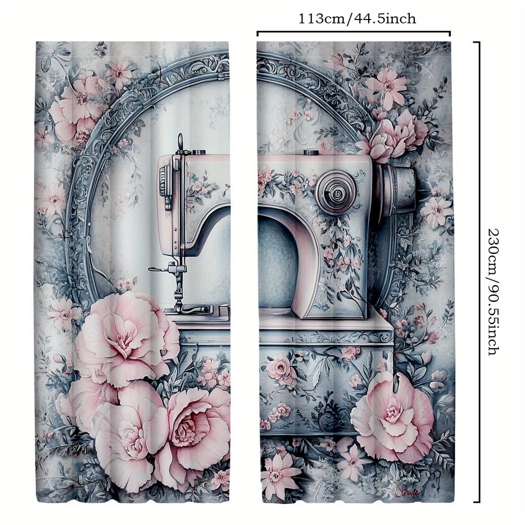 2pcs Vintage Sewing Machine Blackout Curtains Colorful Floral Print Rustic Rod Pocket Drapes for Bedroom & Living Room Semi-T