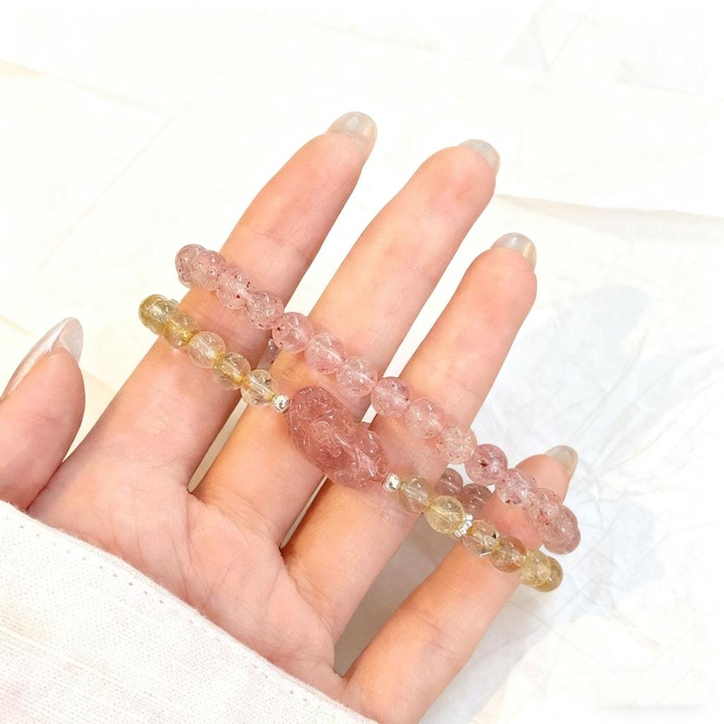 Ladies Handmade Pixiu Bracelet, Strawberry Quartz Citrine Combo, Sweet Chinese Style Travel Gift