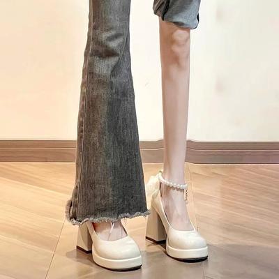 Туфли Мэри Джейн на высоком каблуке женские весна и осень 2025 новые жемчужно-белые французские ретро свадебные туфли на толстом каблуке и платформе маленькие кожаные туфли