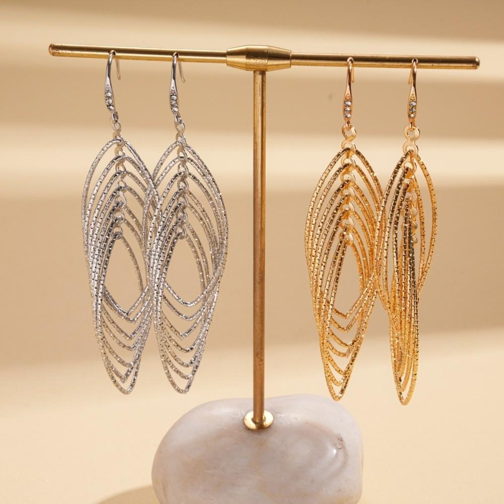 Exquisite Oval Hollow Long Tassel Dangle Earrings Gold Silver Exaggerated Ear Hook Light Luxury Ear Drop Ear Clip Women