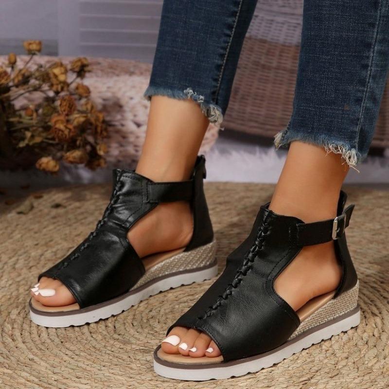 Толстый каблук с наклоном, пеньковая веревка, плетение сзади, молния, пряжка на поясе, римские женские сандалии, большой размер