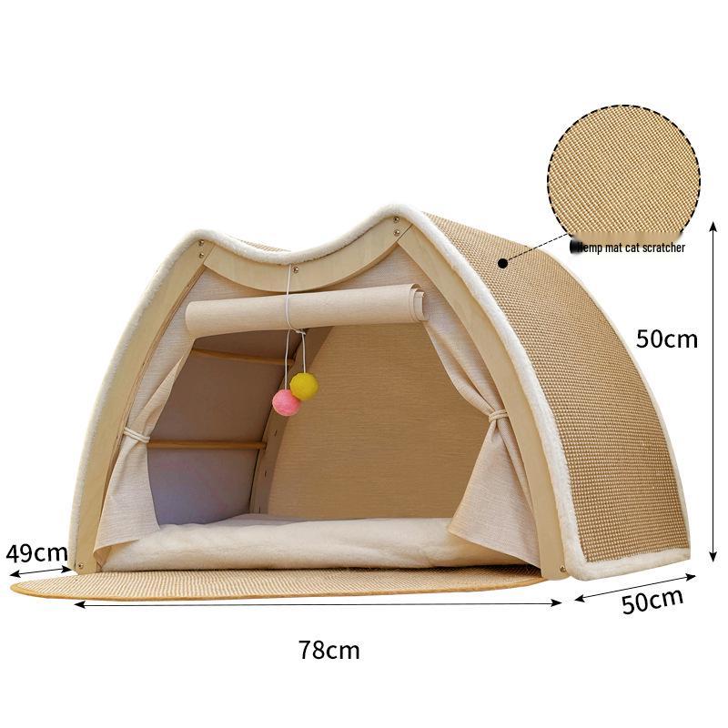 Super Large All-Season Cat & Dog House: Sisal Scratching Board, Solid Wood Enclosed Bed, Cat Tent Villa