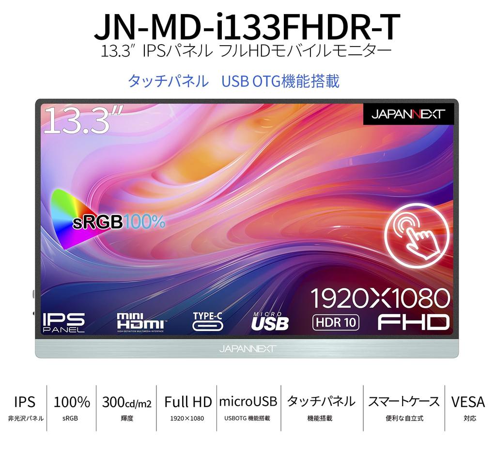 Refurbished JAPANNEXT Mobile Monitor with IPS Full HD 1920x1080 Smart Case 13.3-inch Panel, Resolution, (USB/Type C/Mac Compatible, Built-in Speakers,