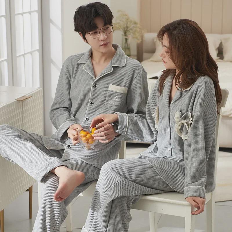 Cute Couple Pajamas: Women's Spring & Autumn Waffle Long Sleeves and Men's Casual Large Size Homewear