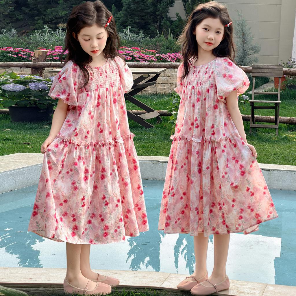 Girls' dress summer 2026 new item beautiful floral bubble sleeves princess dress summer dress children's dress