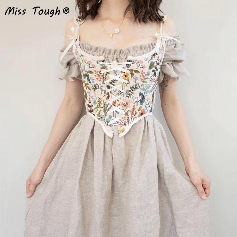 2023 Sexy Designer Vintage Print Halter Tops Women Chic Bandage Floral Corset Shirts Female High Street Party Club Ladies Top