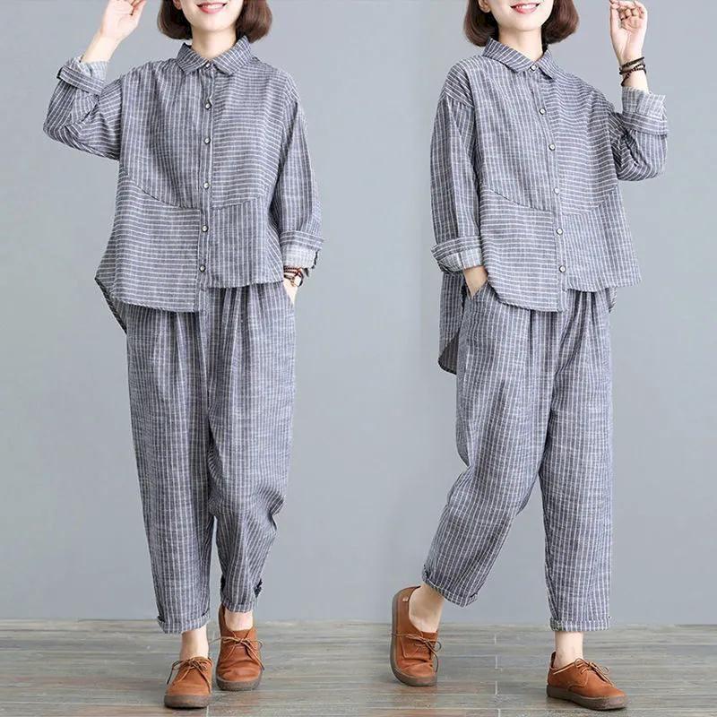Spring Autumn Sets Women Retro Literature Large Size Thin Cardigan Casual Loose Trousers Two-piece Suit Stripes Fashion Suits