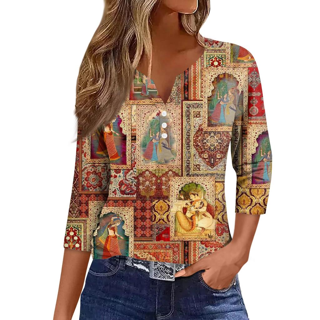 Женская модная повседневная футболка с коротким рукавом и V-образным вырезом, декоративными пуговицами и рукавом три четверти