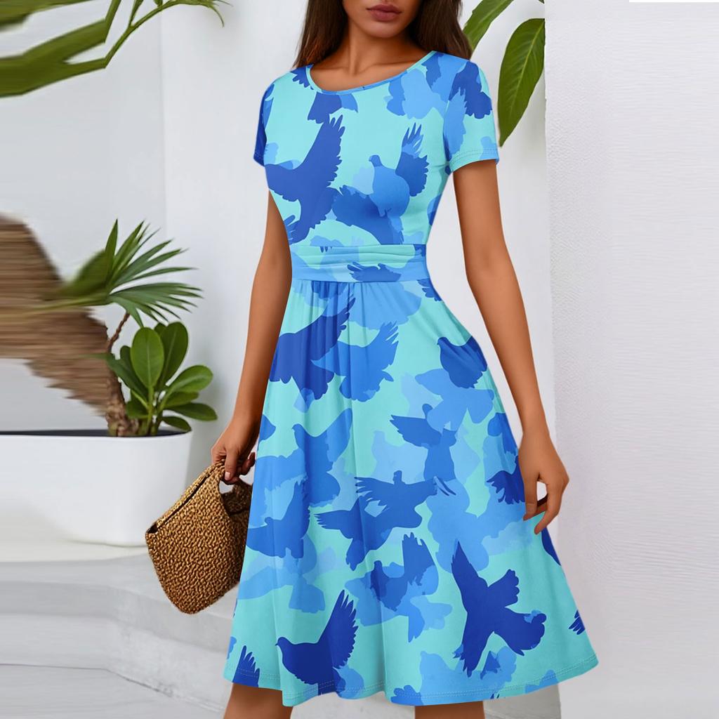 Женское повседневное модное платье миди А-силуэта с круглым вырезом, плиссированными короткими рукавами и цветочным принтом