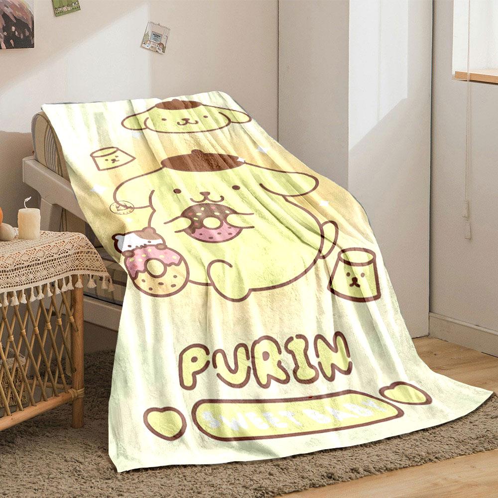 Cute yellow character with brown hat holding donuts, surrounded by sparkles. for all seasons blanket lunch break throw gift