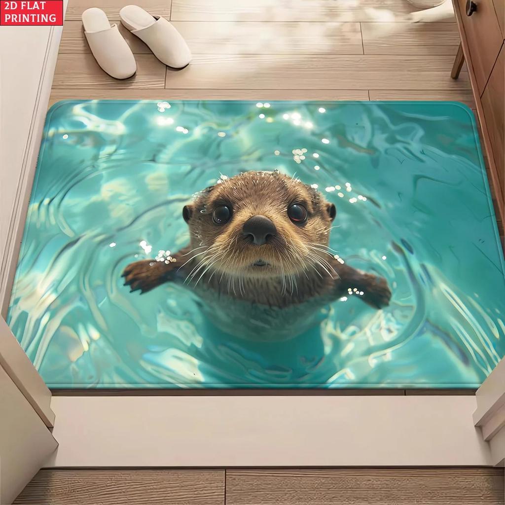 Playful Otter Doormat Cute Face Peeking Through Turquoise Water Ripples Adorable Entry Mat For Bathroom Or Pet Lover Home