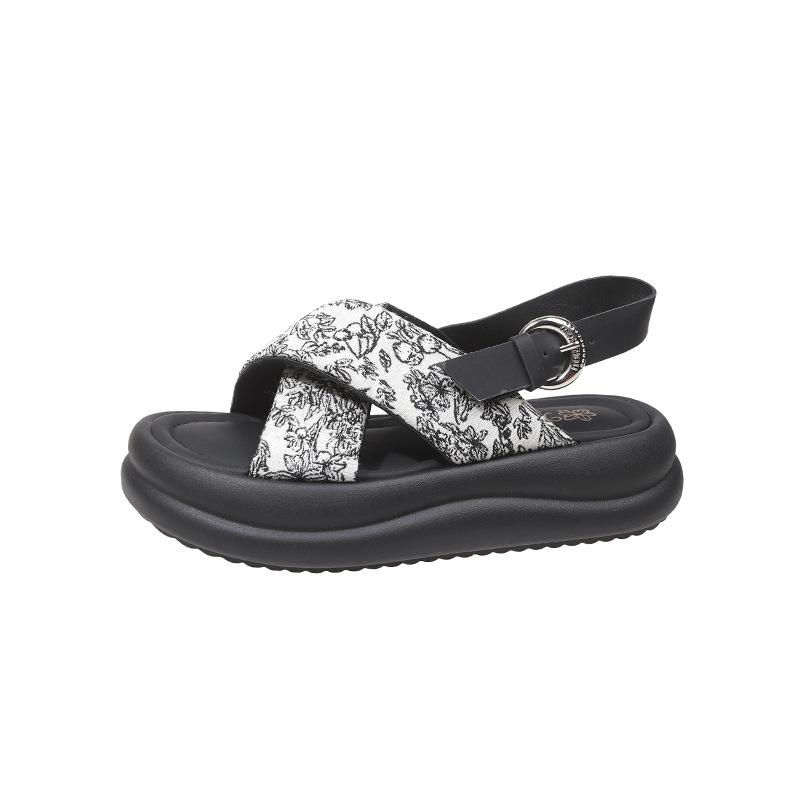 Roman Sandals Women's Summer New Cross-toe Flat Bottom One-word Buckle Soft Sole Casual Vacation Beach Sandals