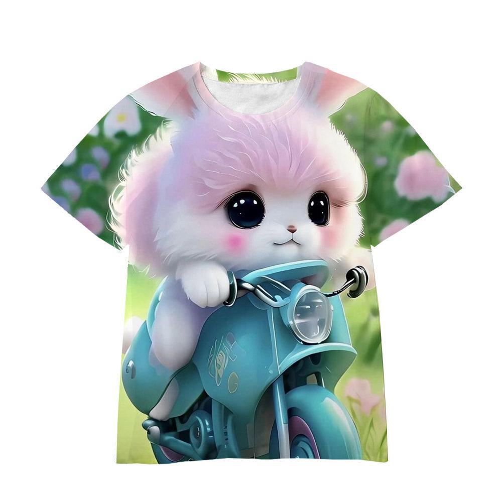 Summer Round Neck 3D Cartoon Furry Animal Print Top Fashionable Casual Short Sleeved Children's Boy and Girl Universal T-shirts