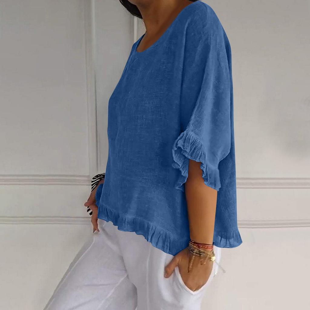 Women's' Fashion Solid Color Round Neck Short Sleeve Loose  Pullover Shirt Top