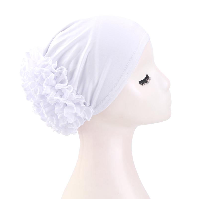 Women's Breathable Elastic Chiffon Hat with Large Flowers Solid Color Thin Bottom Cap Islamic Head Wrap African Bandana Head
