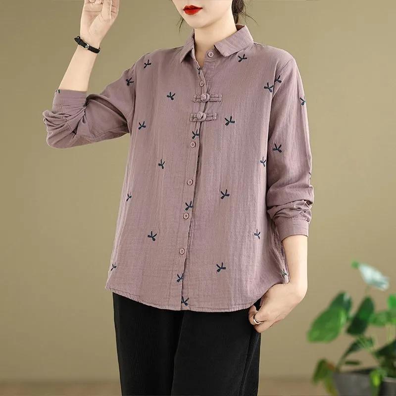 Весенне-осенняя хлопковая рубашка с длинным рукавом женская в китайском стиле с вышивкой женская блузка