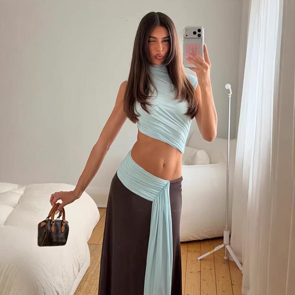 Women's Summer Fashion 2 Piece Outfit Sleeveless Crop Top and Low Waist Skirt Color Block Two Piece Set