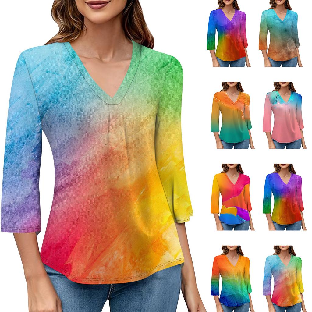 Women's Casual V-neck Gradient Print Three-quarter Sleeve Fashion Top