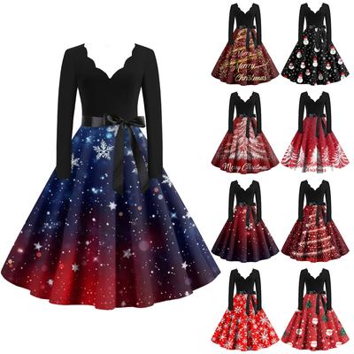 Женские модные повседневные тонкие рождественские платья с длинным рукавом с v-образным вырезом и принтом