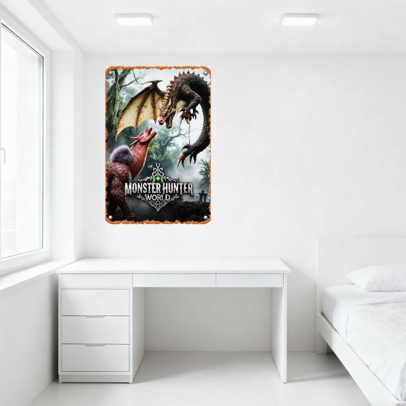 Металлическая жестяная табличка Monster Hunter World, винтажная сцена битвы с монстрами, плакат в рамке для декора стены дома, бара, мужской берлоги, клуба, ресторана