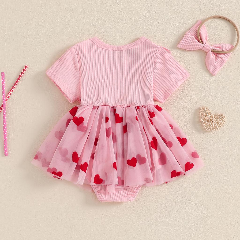 Baby Girl Valentines Day Romper Dress Short Sleeve Heart Print Tulle Skirt Jumpsuit with Bow Headband