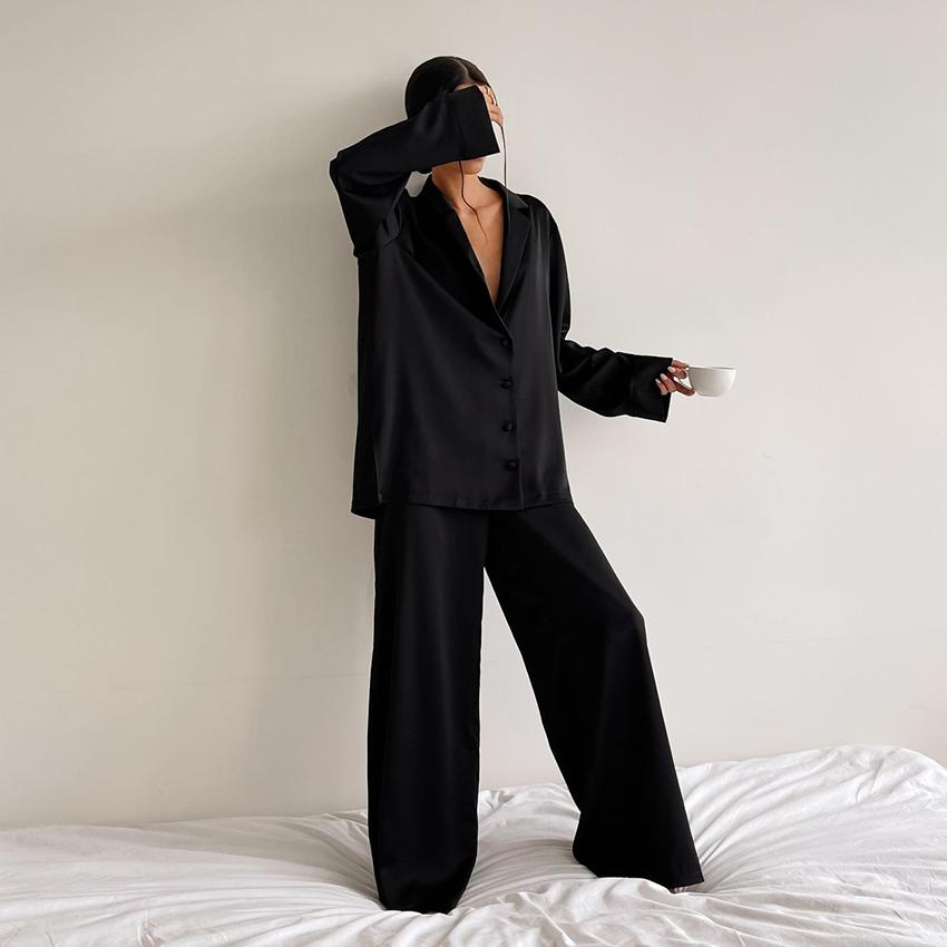 Oversized Sleepwear Low Cut Sexy Pajamas For Women Single-Breasted Long Sleeves Wide Leg Pants Trouser Suits