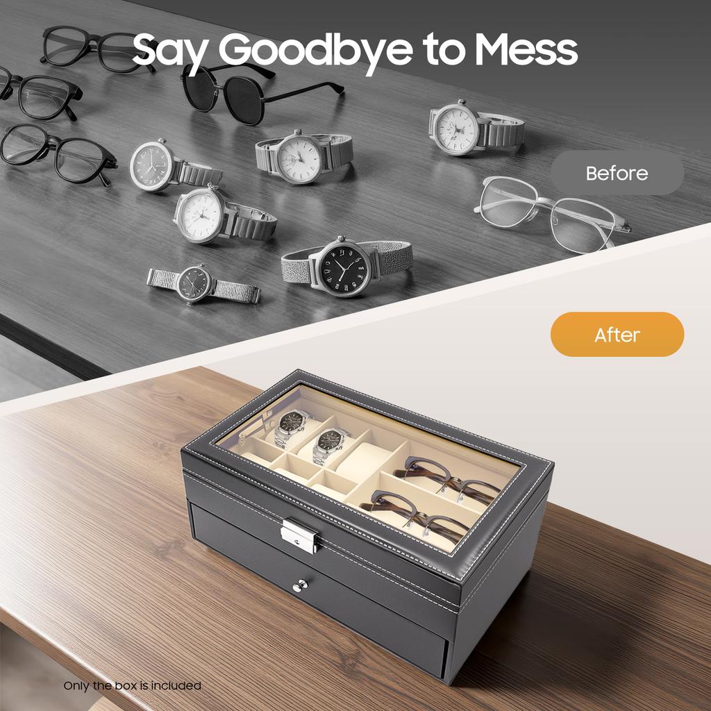 Винтажная коробка для часов для мужчин с замком, органайзер для хранения 6 часов и 9 очков, деревянный дисплей из ПУ кожи, подарок для коллекционера