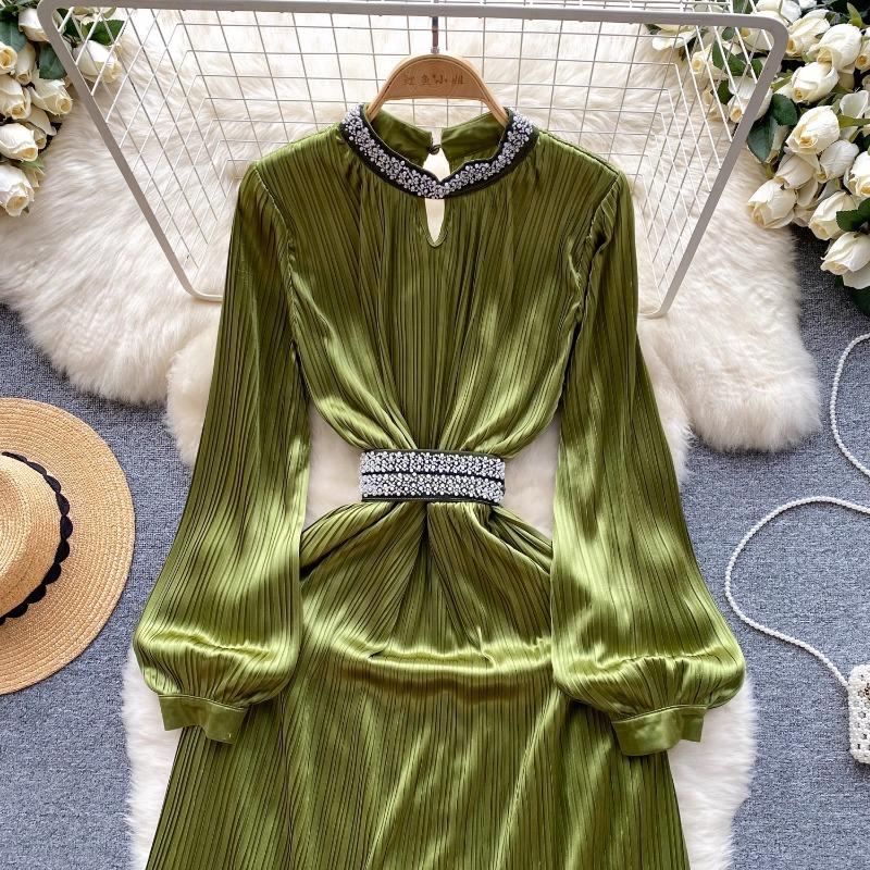 European American Dress Spring Autumn New Patchwork Diamond Embellishment Stand Collar Dresses Slim Satin Dresses