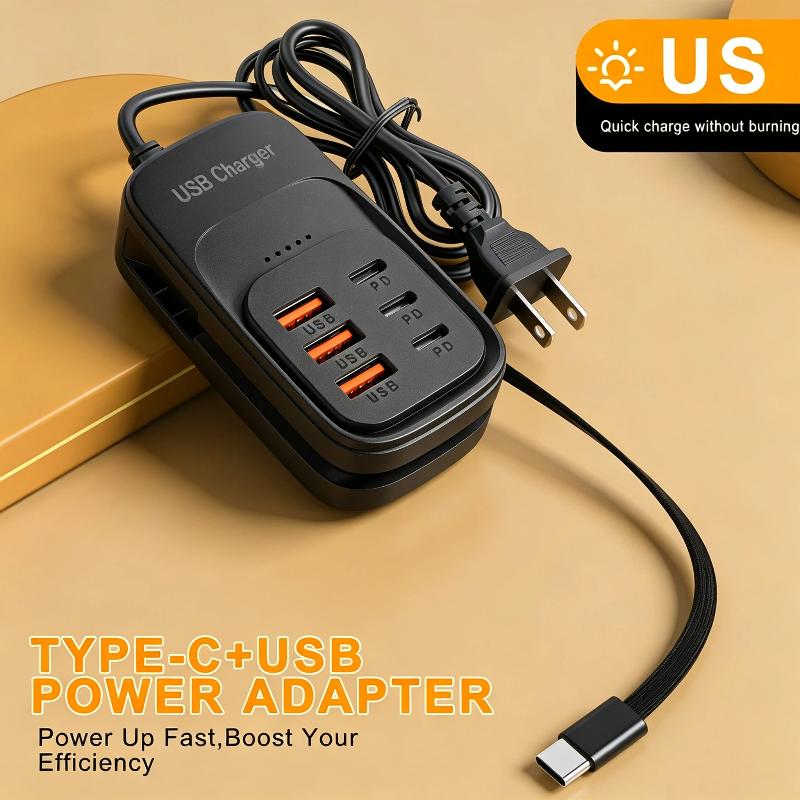Быстрозарядное устройство 6-портовое USB-адаптер питания 3 USB 3 PD Зарядная розетка С кабелем Type C для Android-смартфонов