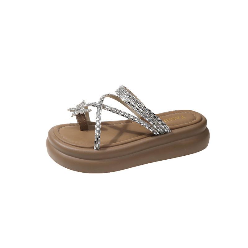 Women's Casual Rhinestone Sandals With Arch Support Platform Flip Flops Summer Chunky Heeled Slides for Women Lightweight Anti-Slip Beach Slippers