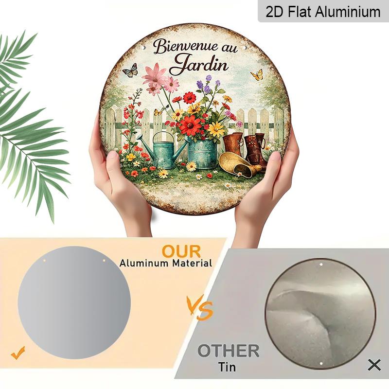 2D Flat - 1pc Round Aluminum Sign, Vintage Plaque about "Welcome to The Garden", French Garden Floral & Butterfly Wall Plaque, Rustic Watering Can