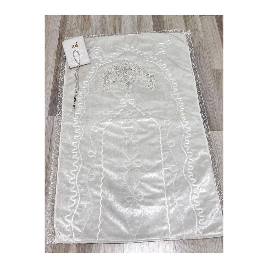 French Laced 3 Piece Embroidered Velvet Dowry Bridal Set Prayer Rug
